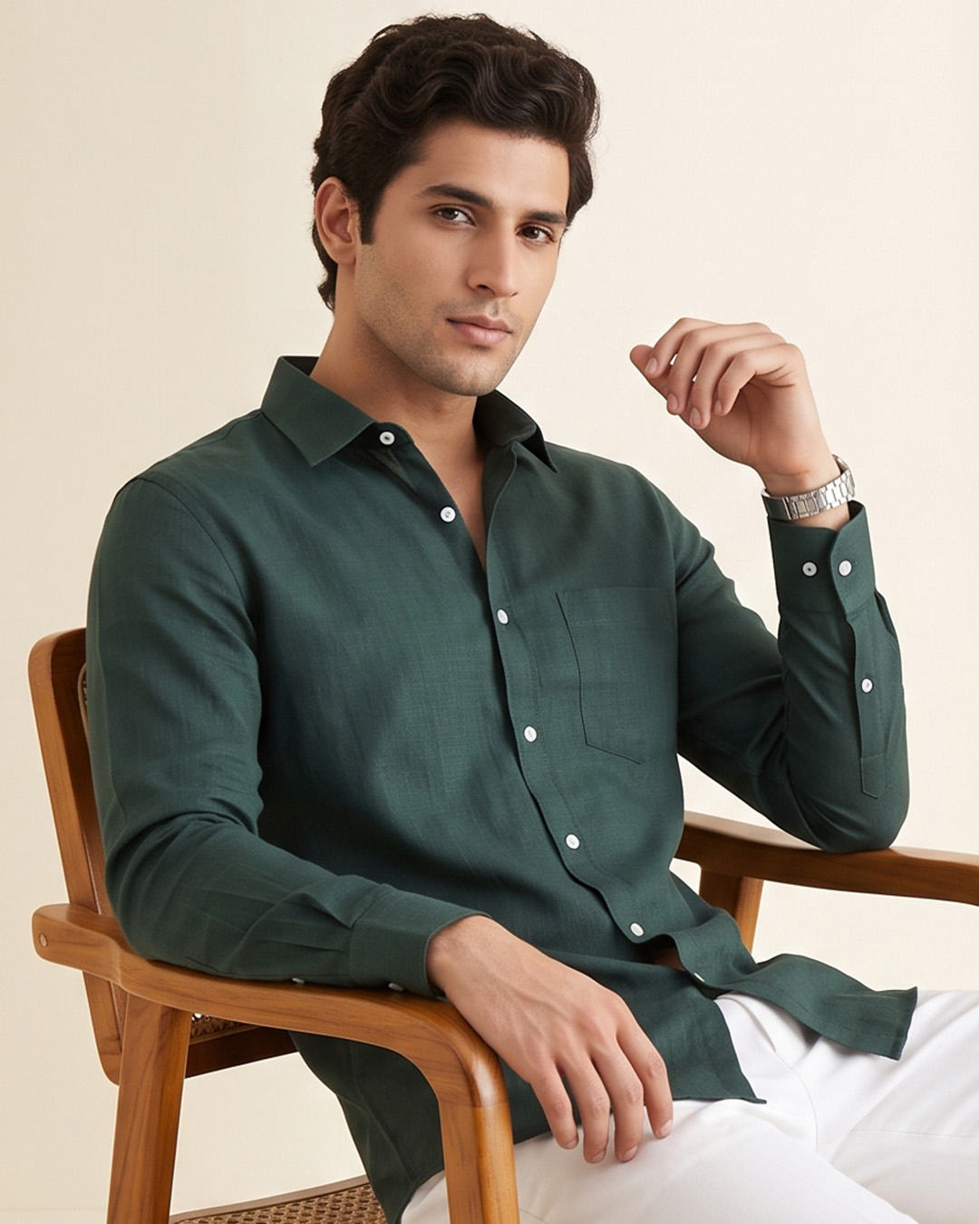 Bottle Green Color 80s Lino Lyocell Shirt For Men