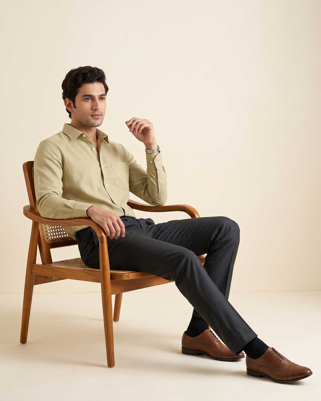 Sand Khaki Color 80s Lino Lyocell Shirt For Men