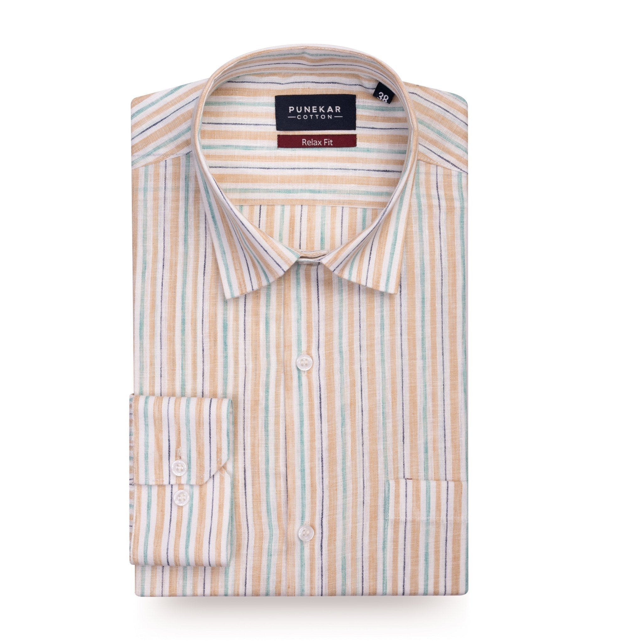 Beige & Aqua Striped Blend Cotton Shirt for Men - Punekar Cotton