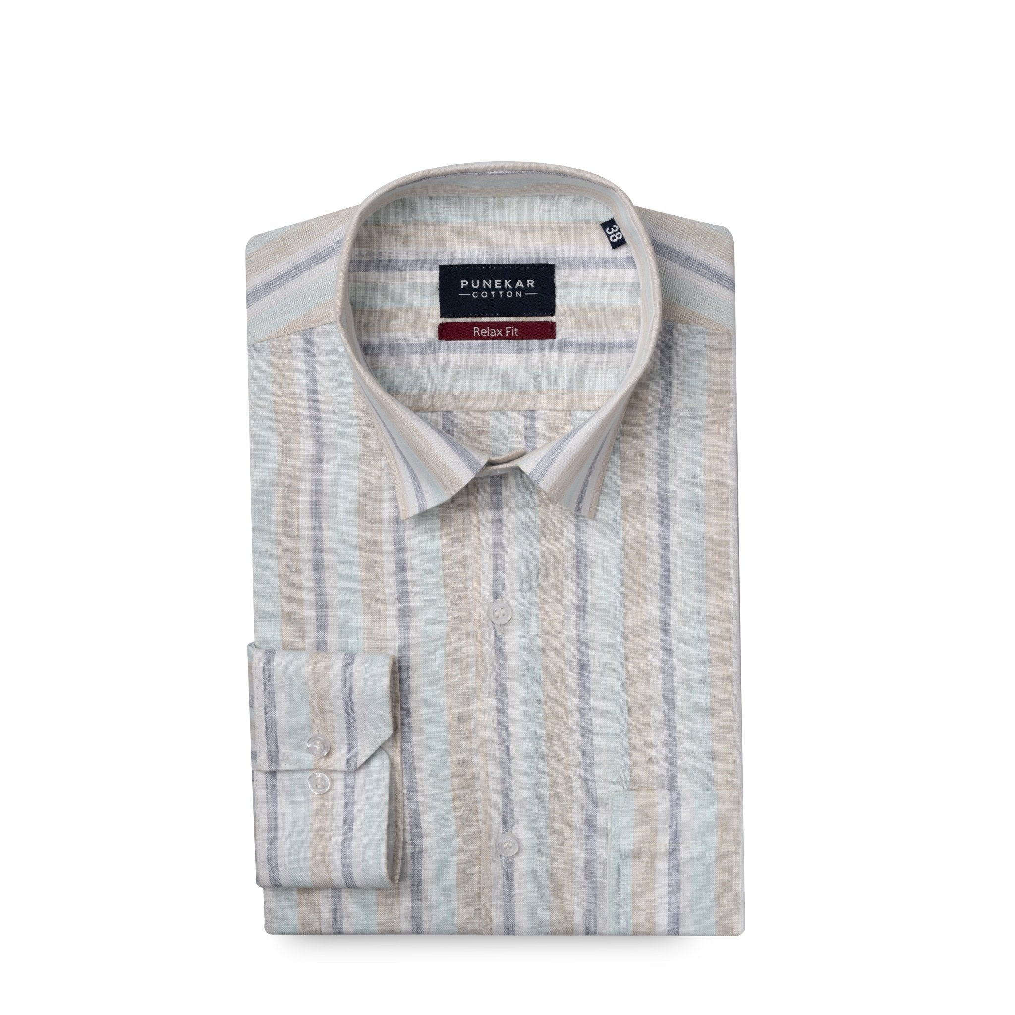 Beige & Blue Colour Vertical Cotton Blend Striped Shirt For Men - Punekar Cotton