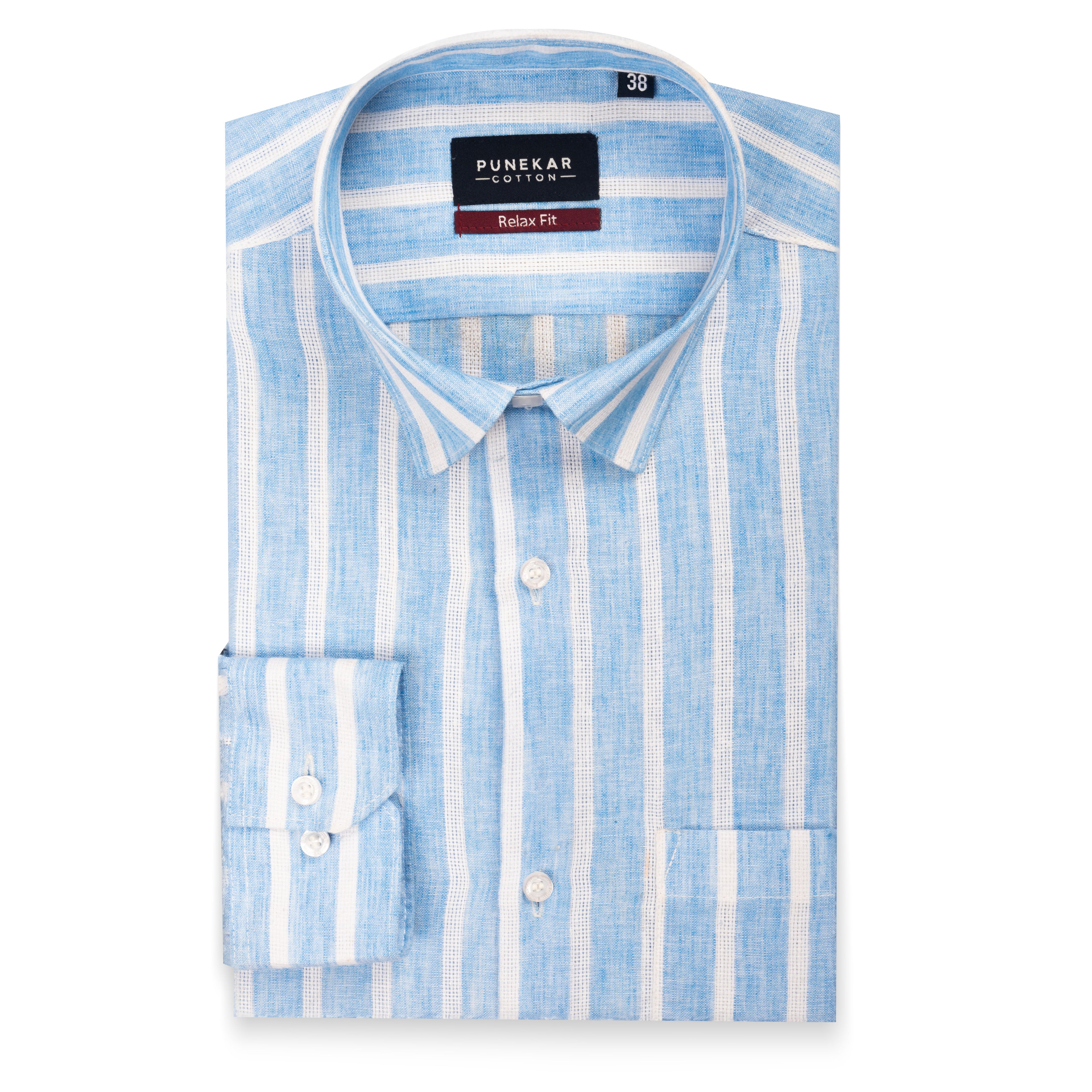 Sky Blue Color Bold Stripe Cotton Shirt For Men