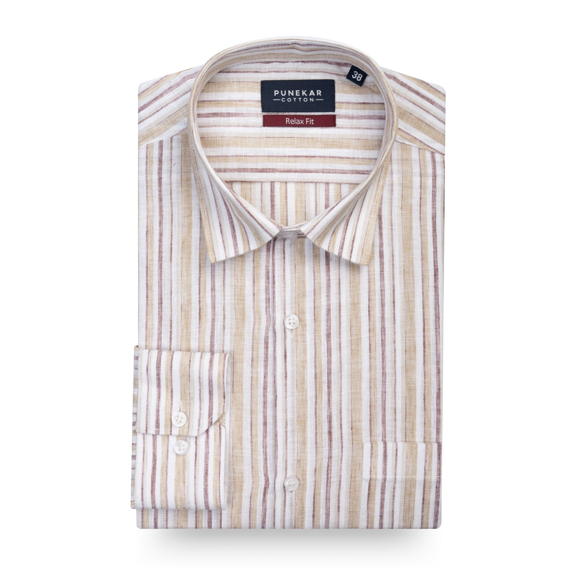 Cream & Maroon Striped Blend Cotton Shirt for Men - Punekar Cotton