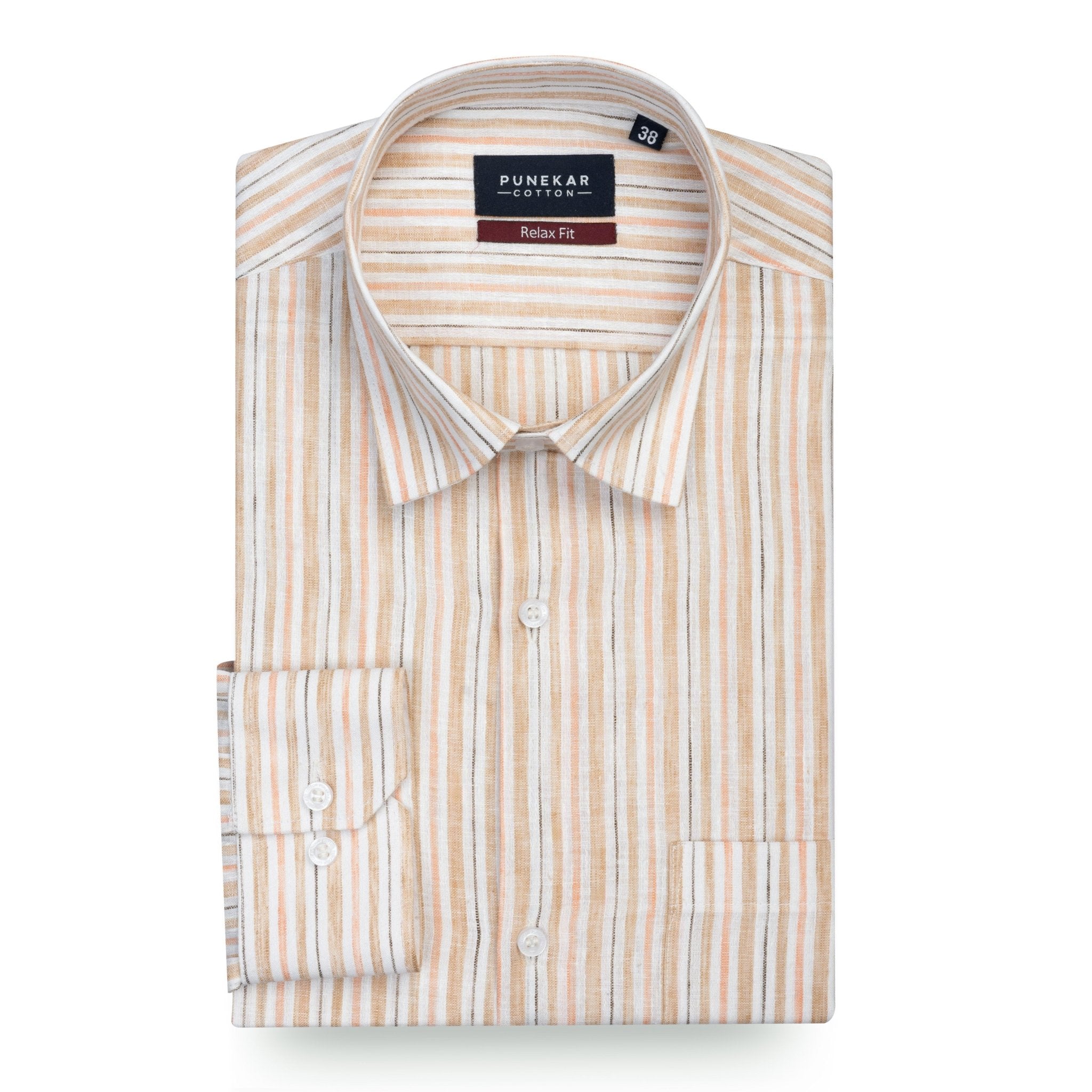 Peach & Beige Striped Blend Cotton Shirt for Men - Punekar Cotton