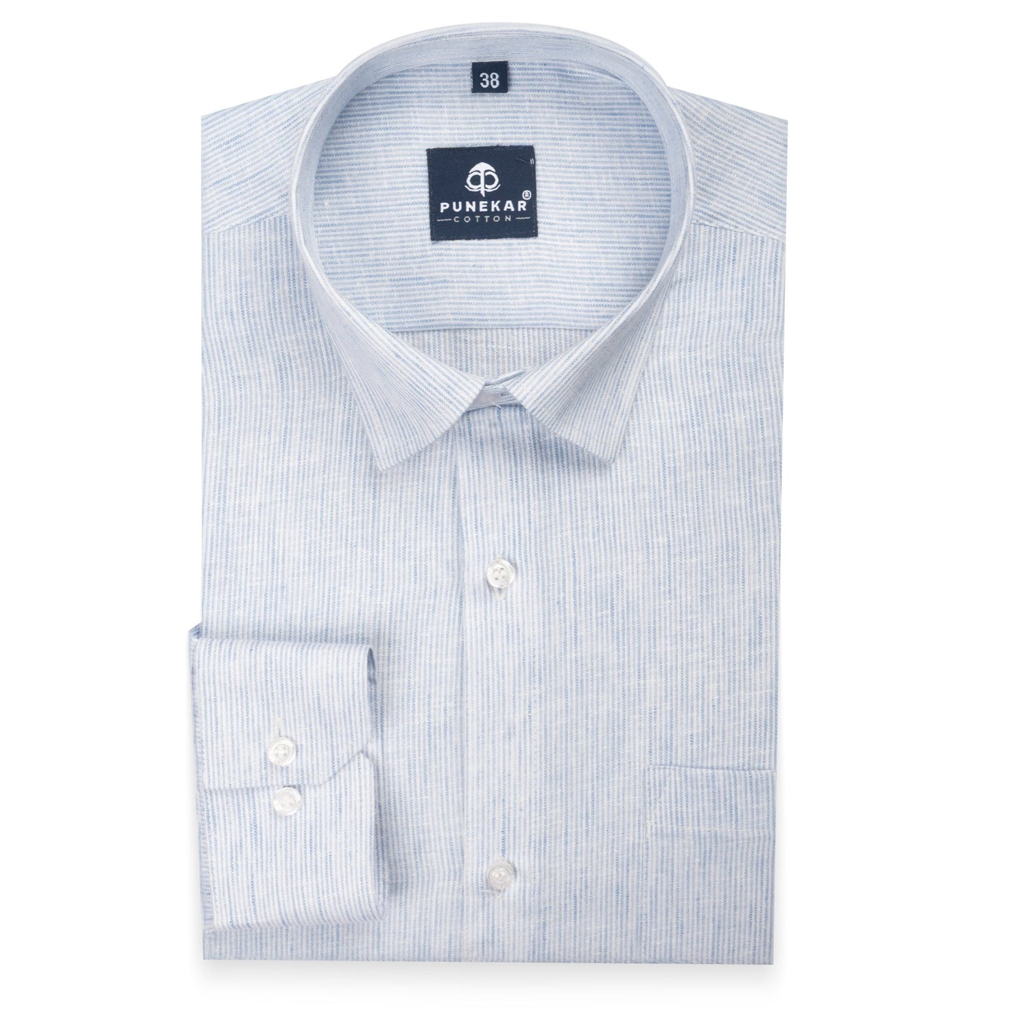 Sky Blue Color Hand Woven Cotton Stripe Shirt For Men - Punekar Cotton