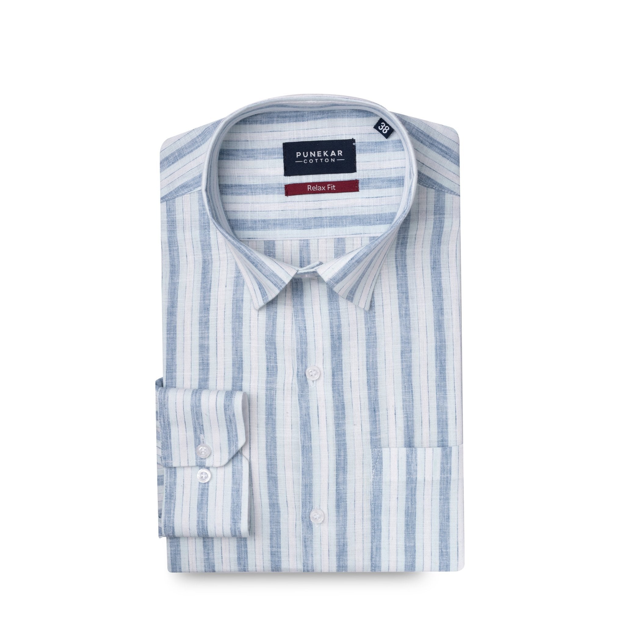 Sky Blue Colour Vertical Cotton Blend Striped Shirt For Men - Punekar Cotton