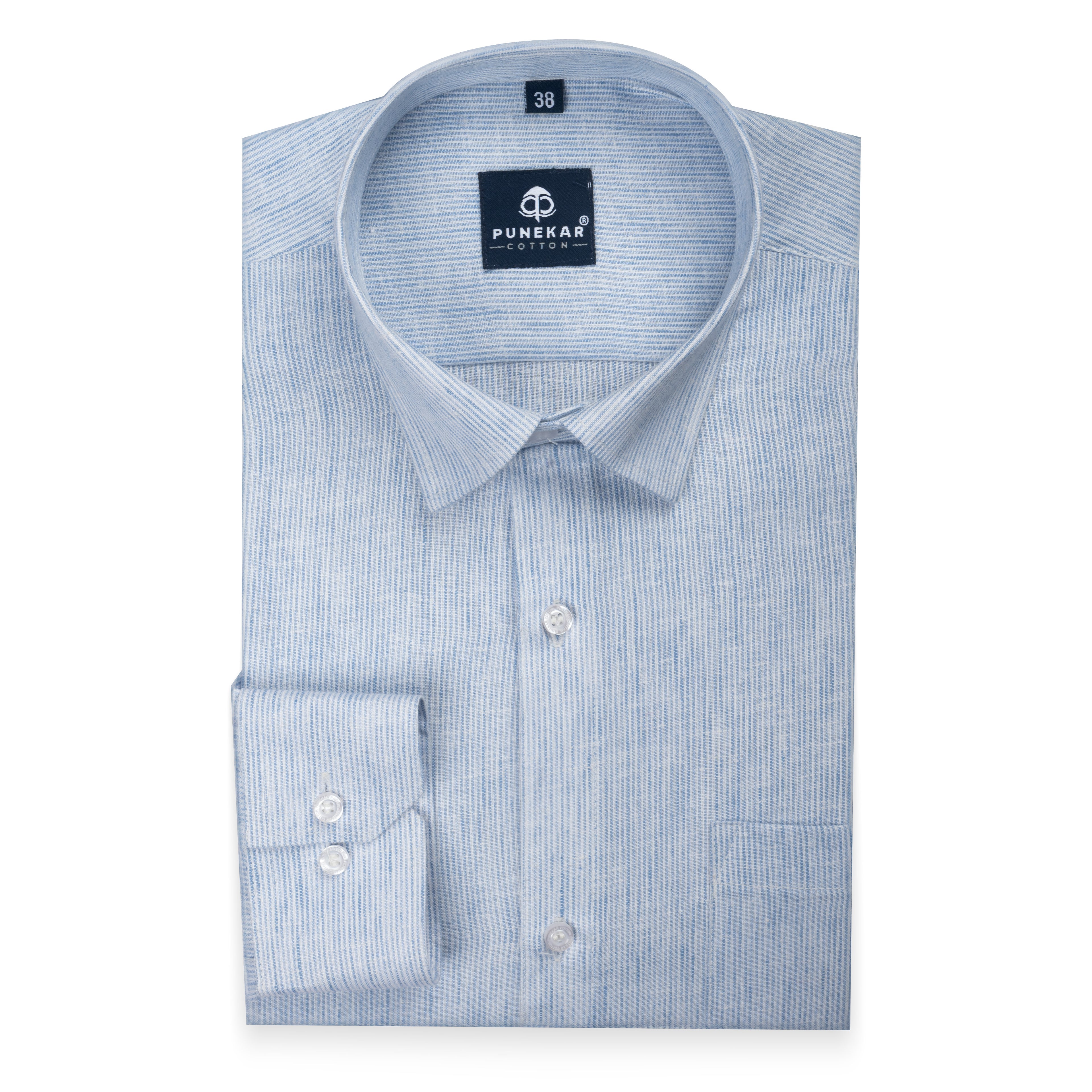 Light Blue Color Hand Woven Cotton Stripe Shirt For Men