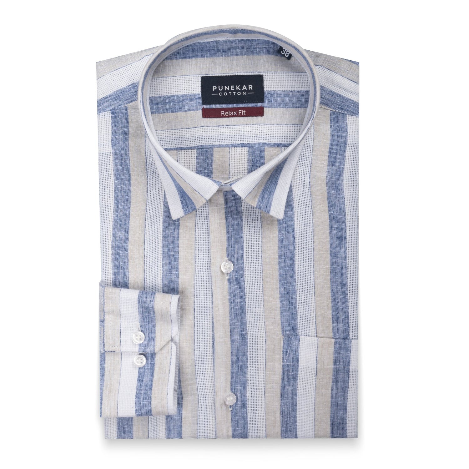 White Blue Color Bold Stripe Cotton Shirt For Men - Punekar Cotton