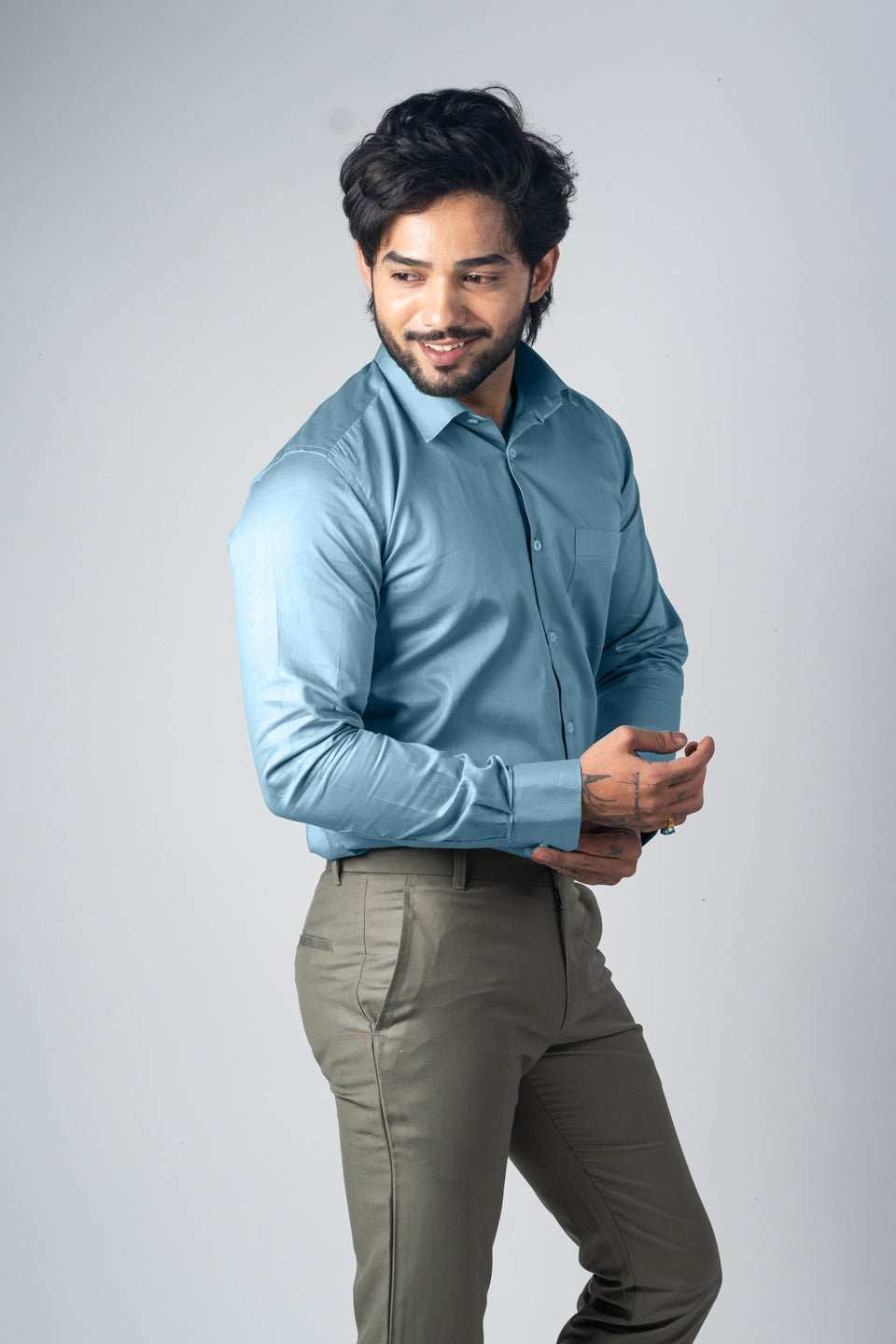 Peacock Blue Color Micro Checks Texture Satin Cotton Shirt For Men - Punekar Cotton