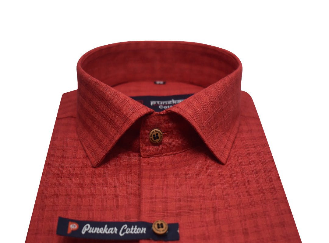 Red Color Cotton Self Woven Checks Handmade Shirts For Men&