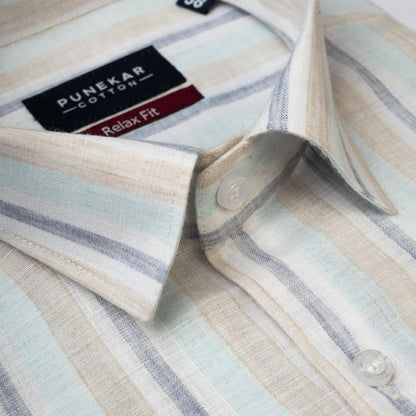 Beige &amp; Blue Colour Vertical Cotton Blend Striped Shirt For Men