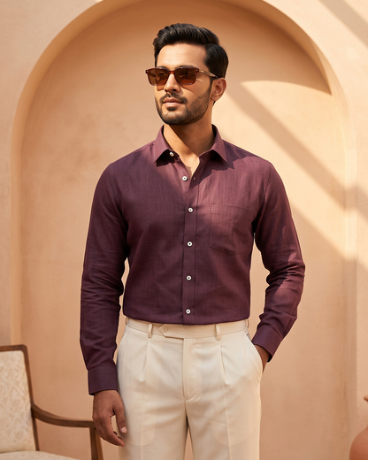 Dark Wine Color 80s Lino Lyocell Shirt For Men