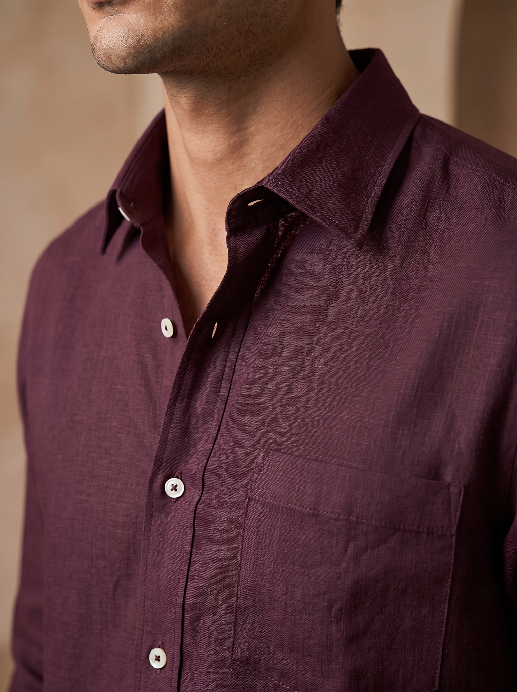 Dark Wine Color 80s Lino Lyocell Shirt For Men
