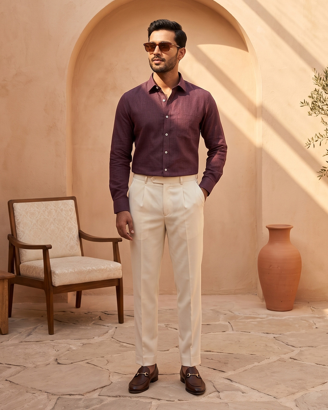 Dark Wine Color 80s Lino Lyocell Shirt For Men