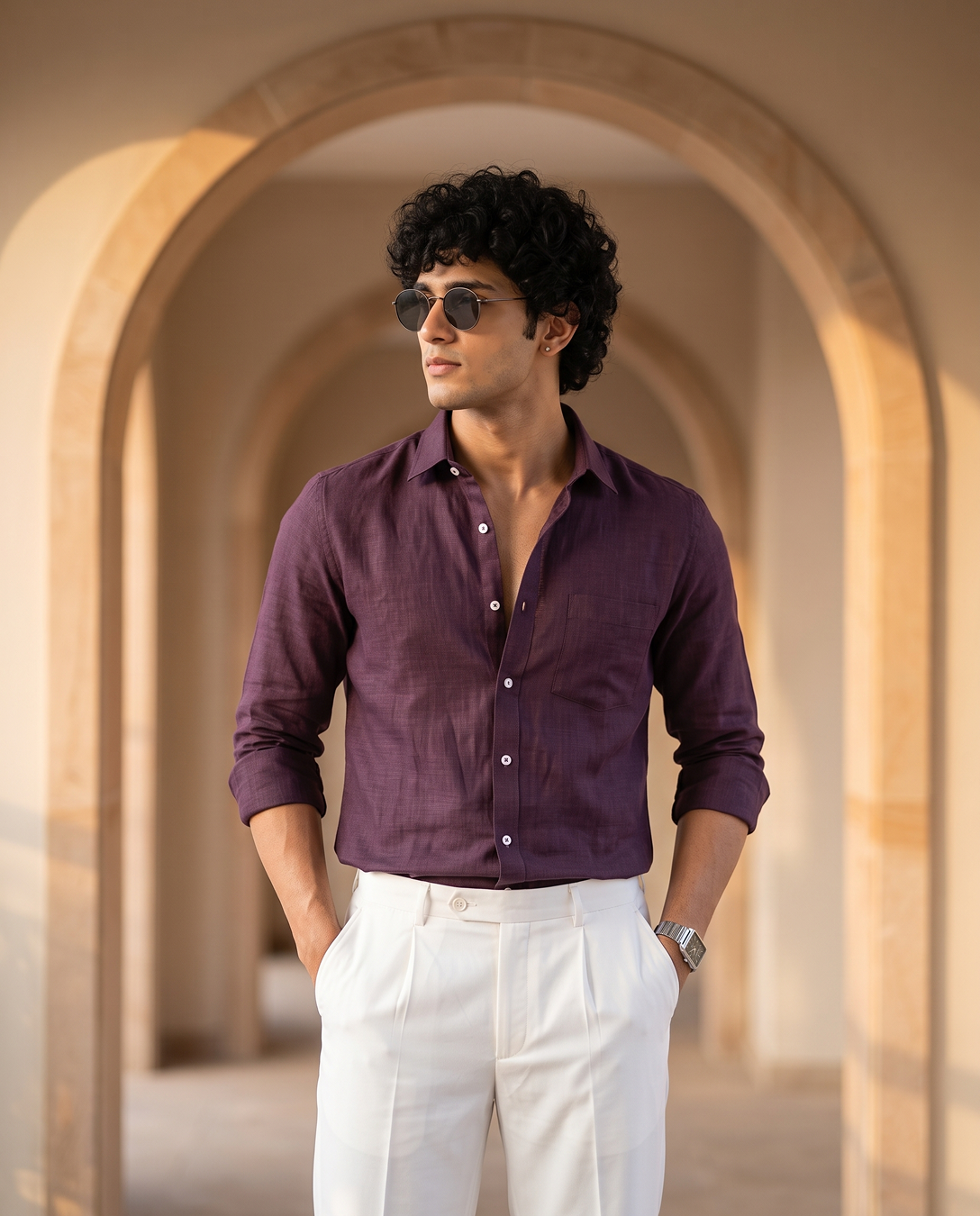 Deep Plum Color 80s Lino Lyocell Shirt For Men