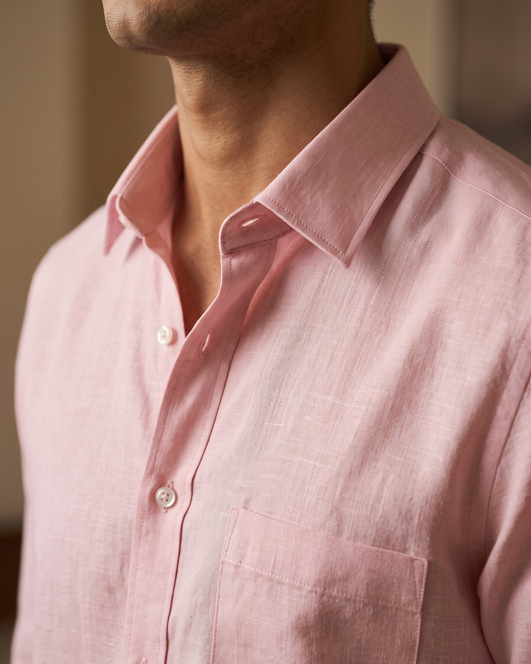 Powder Pink Color 80s Lino Lyocell Shirt For Men