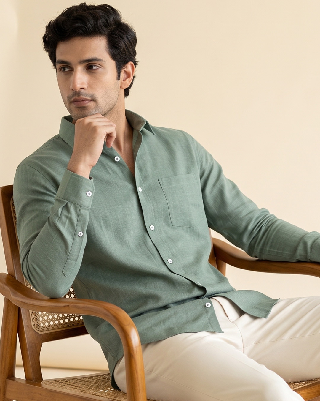 Sage Green Color 80s Lino Lyocell Shirt For Men