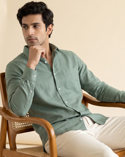 Sage Green Color 80s Lino Lyocell Shirt For Men