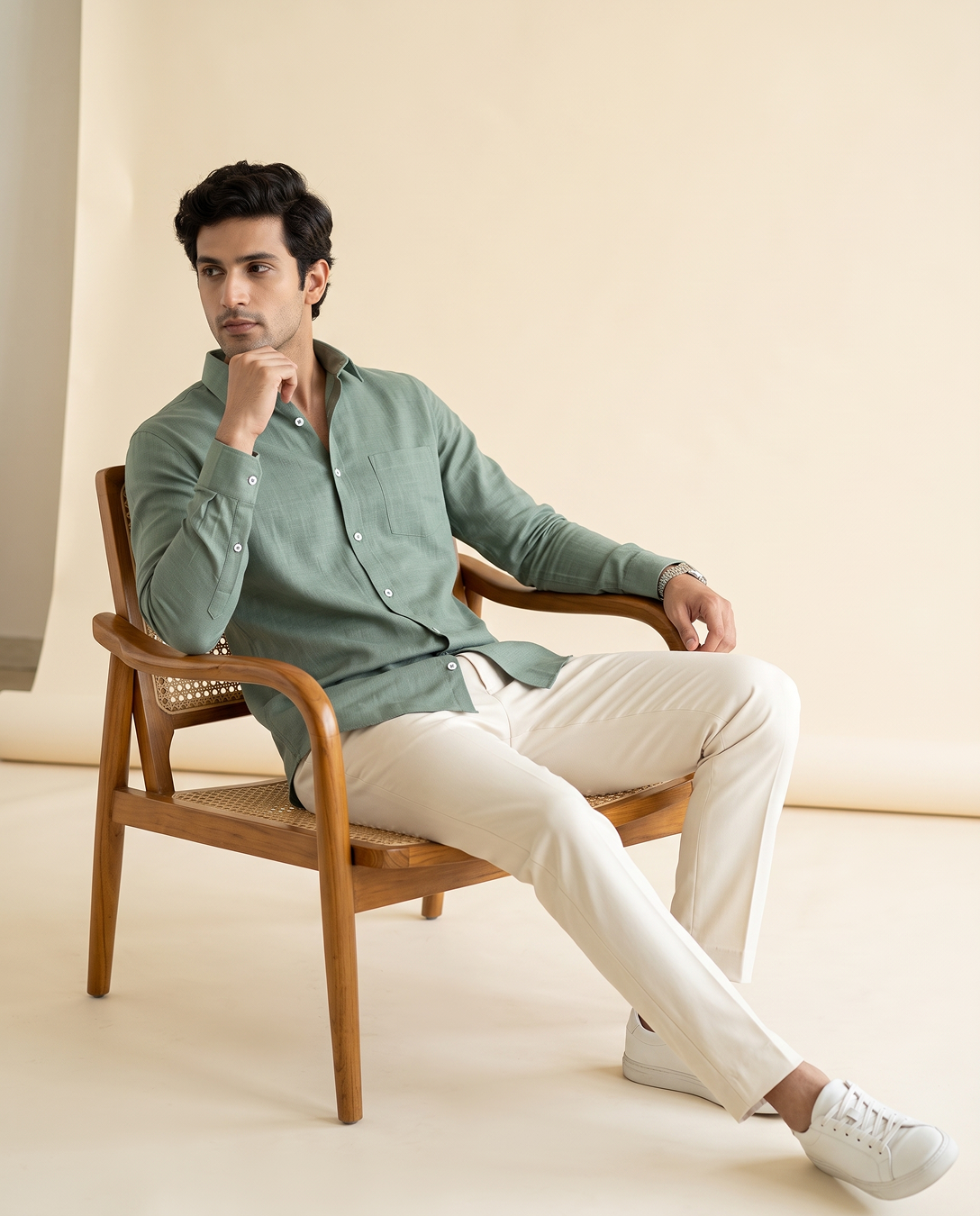 Sage Green Color 80s Lino Lyocell Shirt For Men