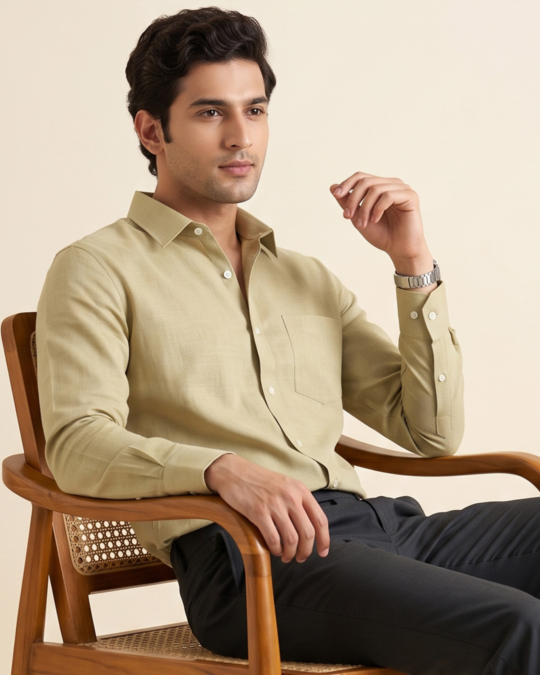 Sand Khaki Color 80s Lino Lyocell Shirt For Men