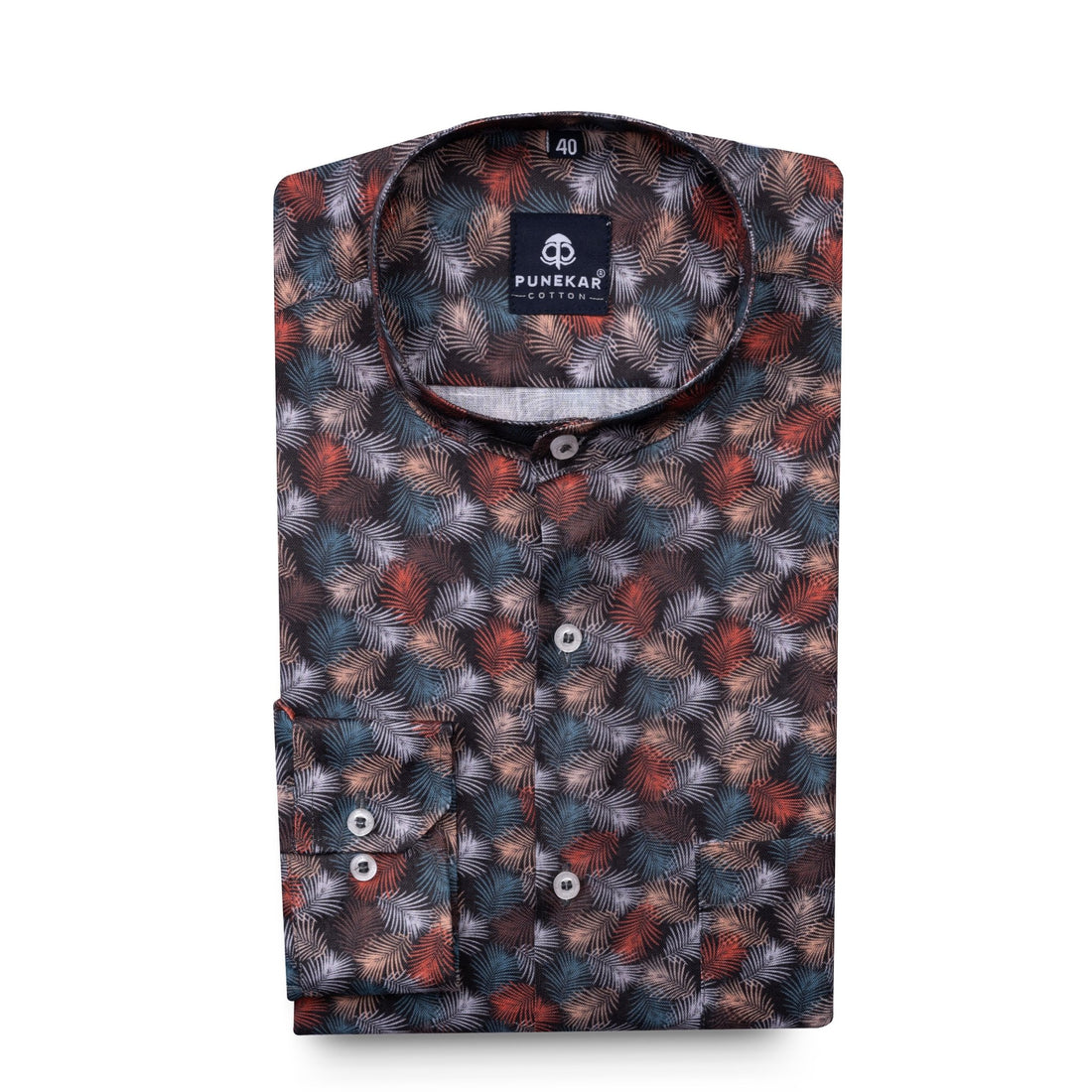 Black Color Feather Stand Collar Printed Shirt For Men - Punekar Cotton