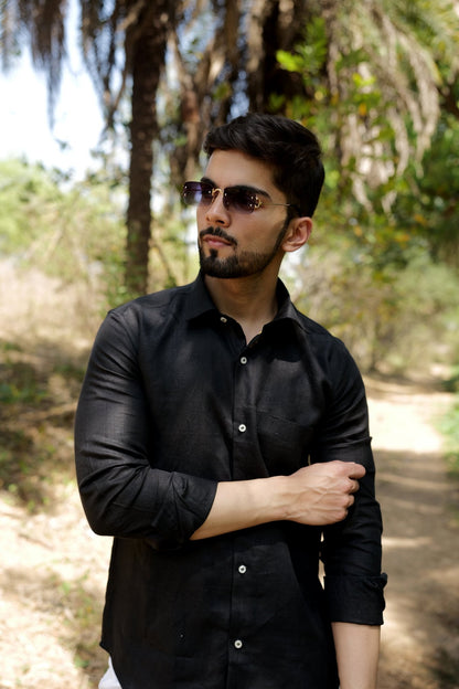 Black Color Prime Linen Shirt For Men - Punekar Cotton