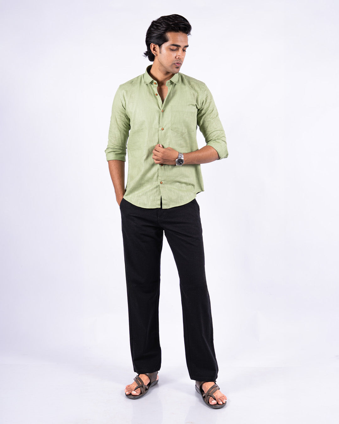 Black Everyday Cotton Linen Straight-Fit Pants for Men