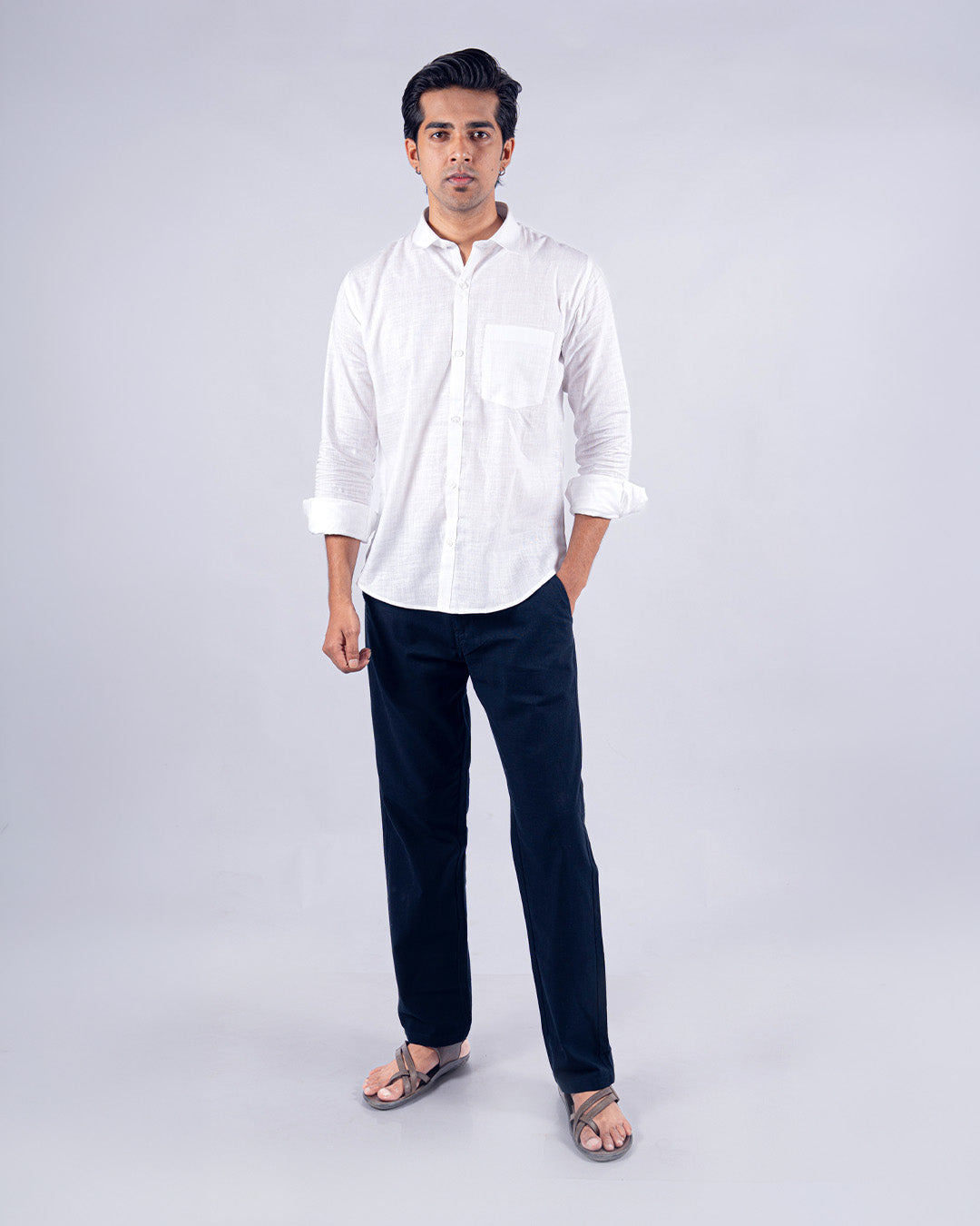 Navy Blue Everyday Cotton Linen Straight-Fit Pants for Men
