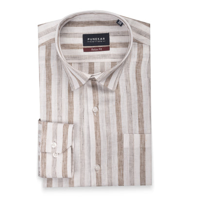 White Tan Color Bold Stripe Cotton Shirt For Men