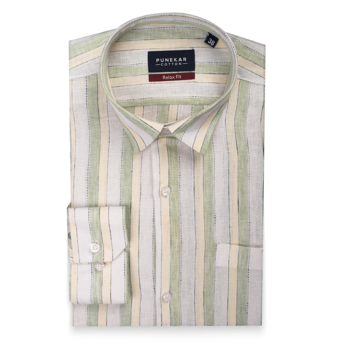 White Green Color Bold Stripe Cotton Shirt For Men