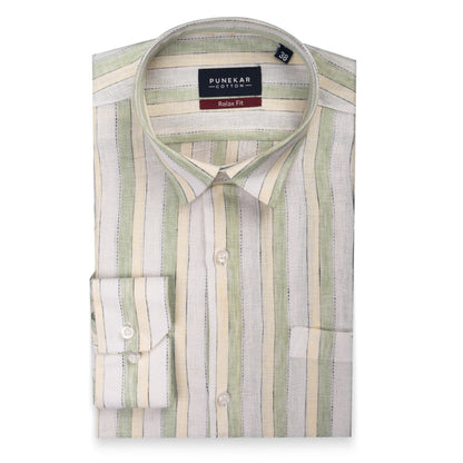 White Green Color Bold Stripe Cotton Shirt For Men