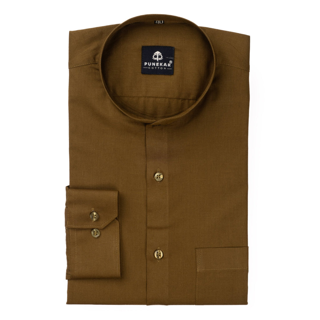 Brown Color Band Collar Solid Shirt For Men - Punekar Cotton