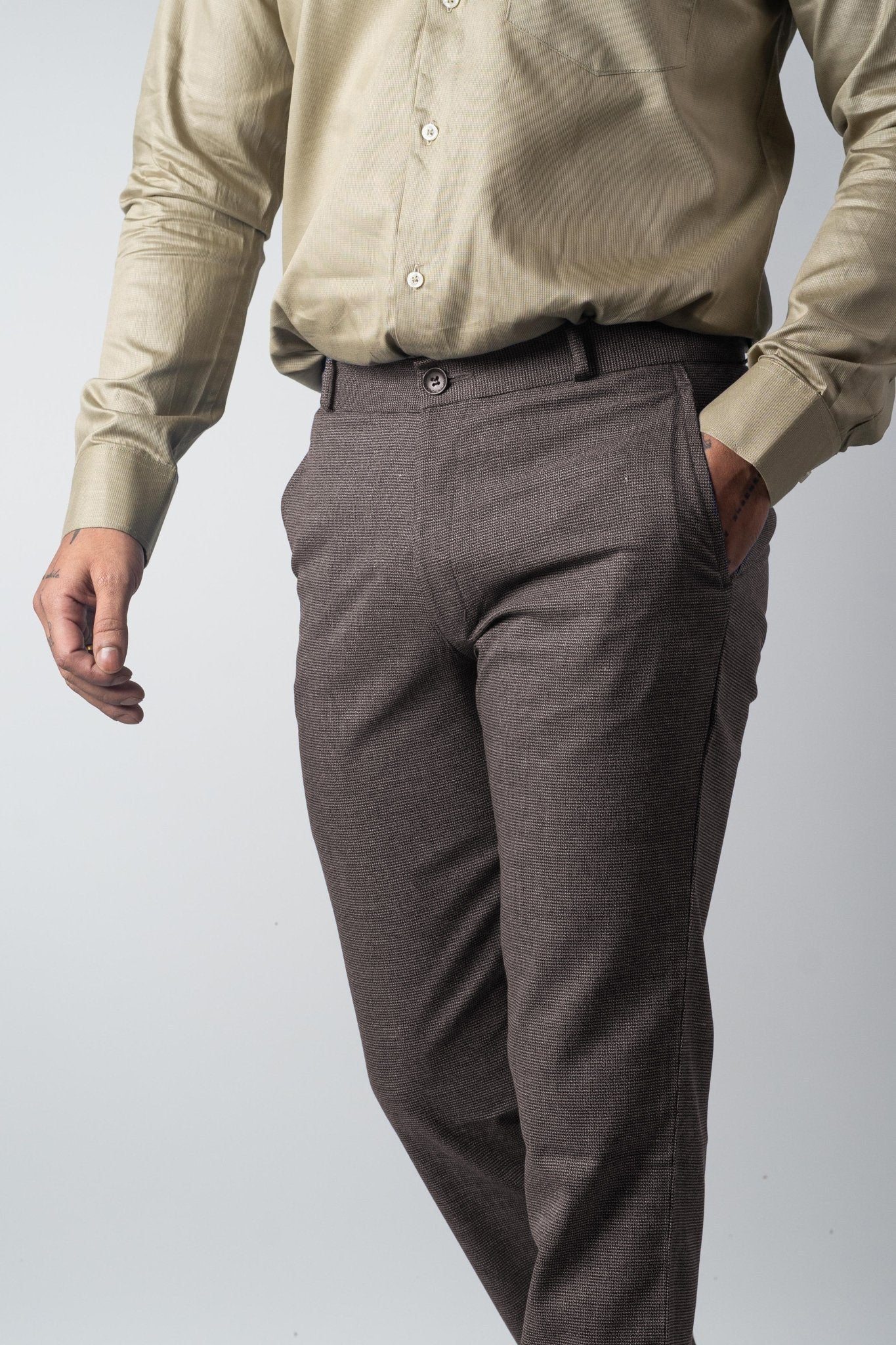 Brown Color Dual Texture Blend Cotton Pant for Men - Punekar Cotton