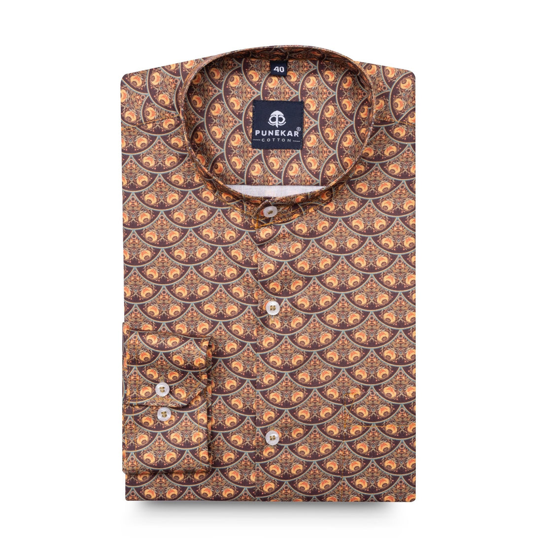 Brown Color Stand Collar Printed Shirt For Men - Punekar Cotton