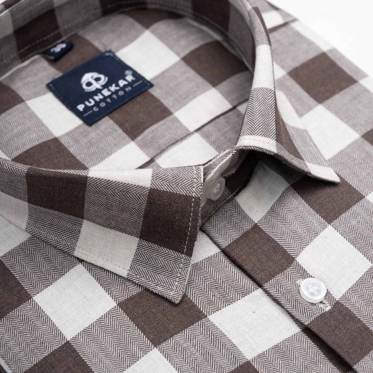 Brown Heritage Herringbone Checks Cotton Shirt for Men - Punekar Cotton