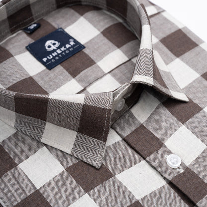 Brown Heritage Herringbone Checks Cotton Shirt for Men - Punekar Cotton