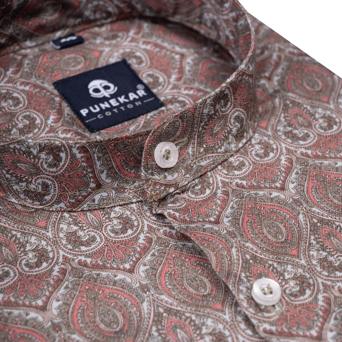 Light Copper Color Moroccan Stand Collar Printed Shirt For Men