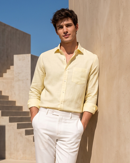 Butter Yellow Color 80s Lino Lyocell Shirt For Men