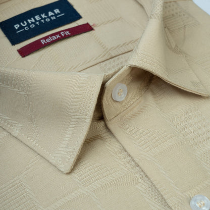 Cream Colour Geometric Jacquard Texture Shirt for Men - Punekar Cotton