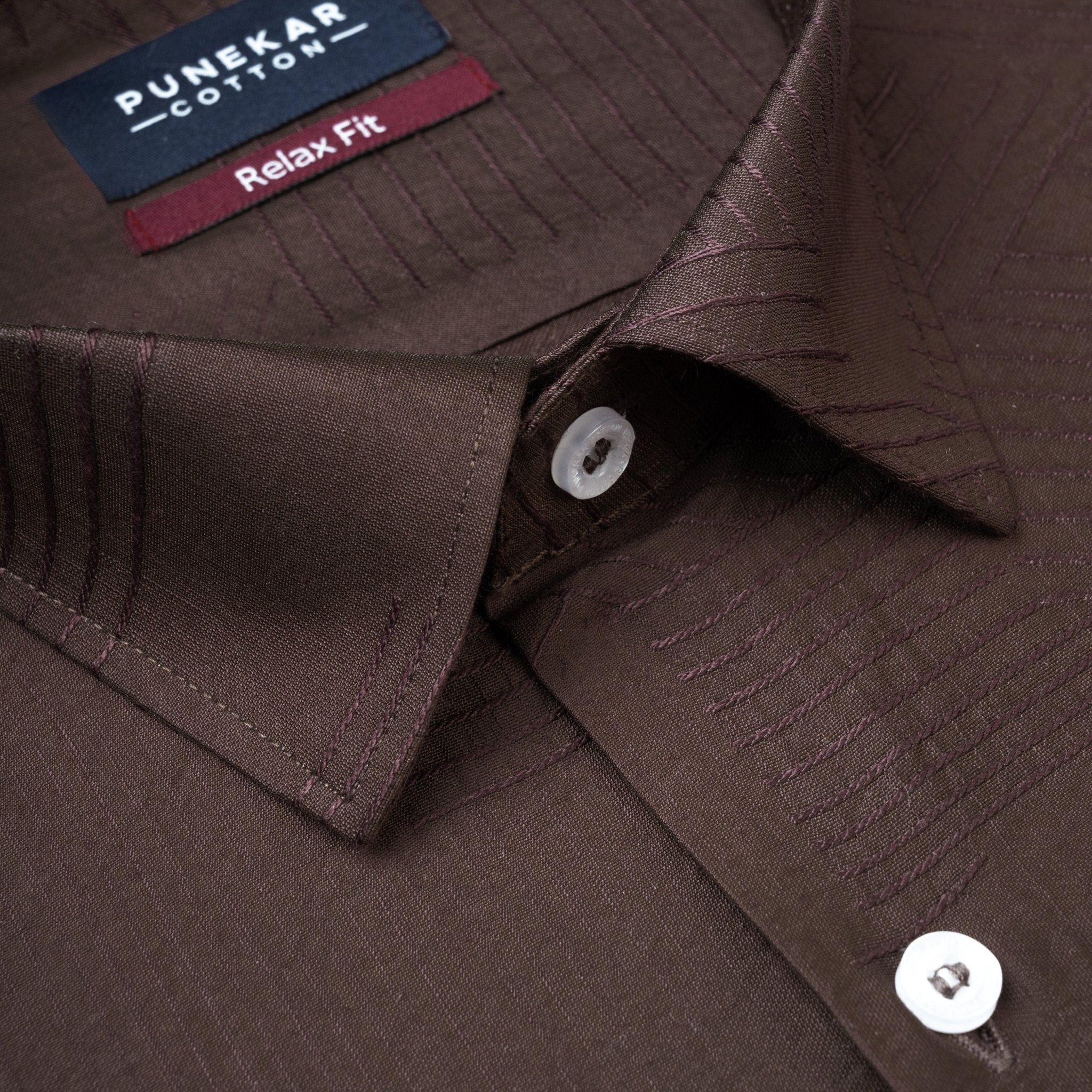 Dark Brown Colour Textured Stripe Jacquard Shirt for Men - Punekar Cotton