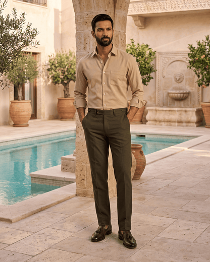 Desert Sand MattMini Textured Cotton Tencel Shirt For Men - Punekar Cotton