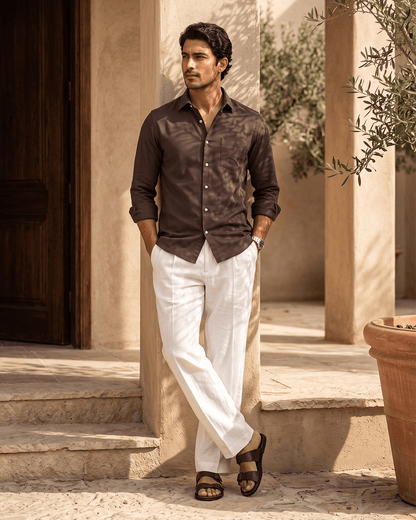 Espresso Brown MattMini Textured Cotton Tencel Shirt For Men - Punekar Cotton