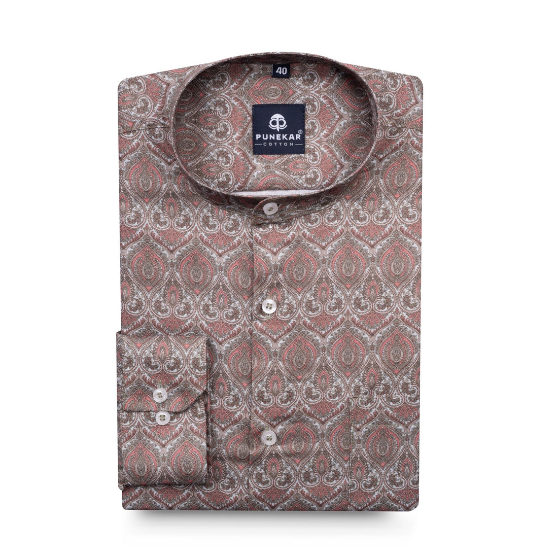 Light Copper Color Moroccan Stand Collar Printed Shirt For Men - Punekar Cotton