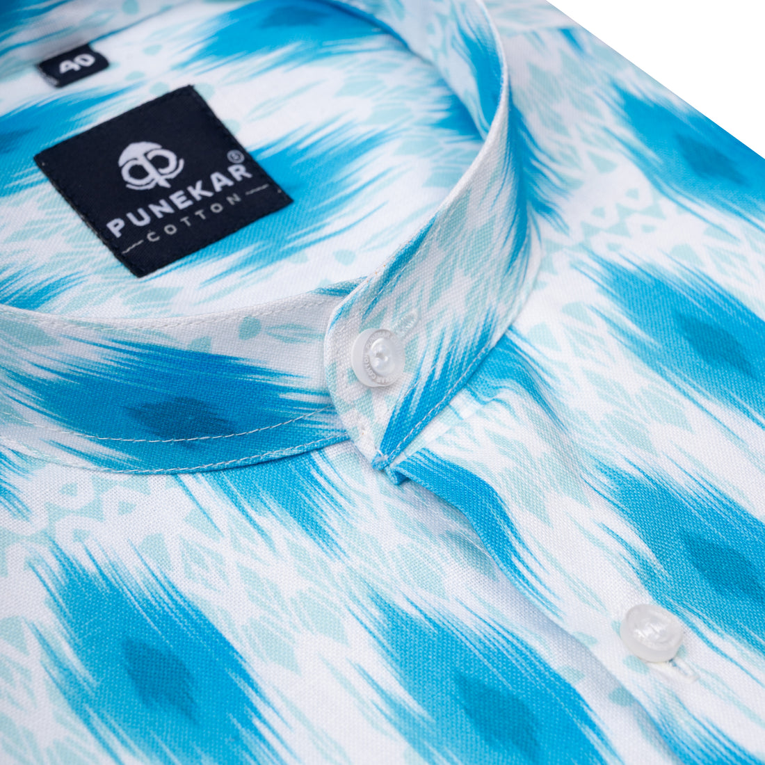 White Blue Color Stand Collar Printed Shirt For Men