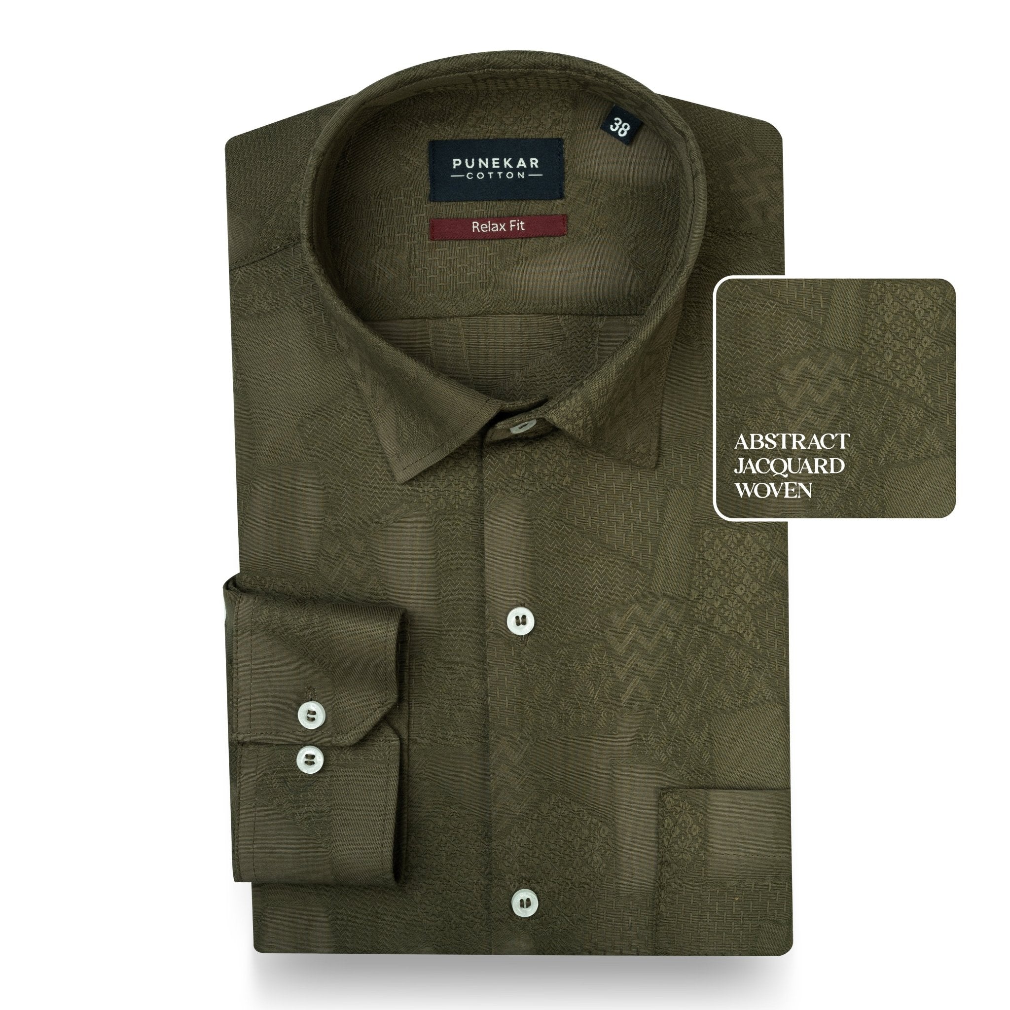 Mehndi Abstract Textured Jacquard Cotton Shirt for Men - Punekar Cotton