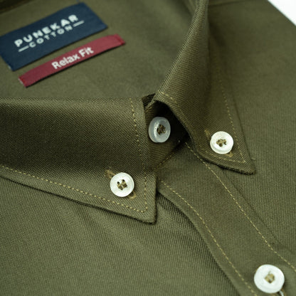 Mehndi Colour Cotton Oxford Button Down Collar Shirt For Men - Punekar Cotton