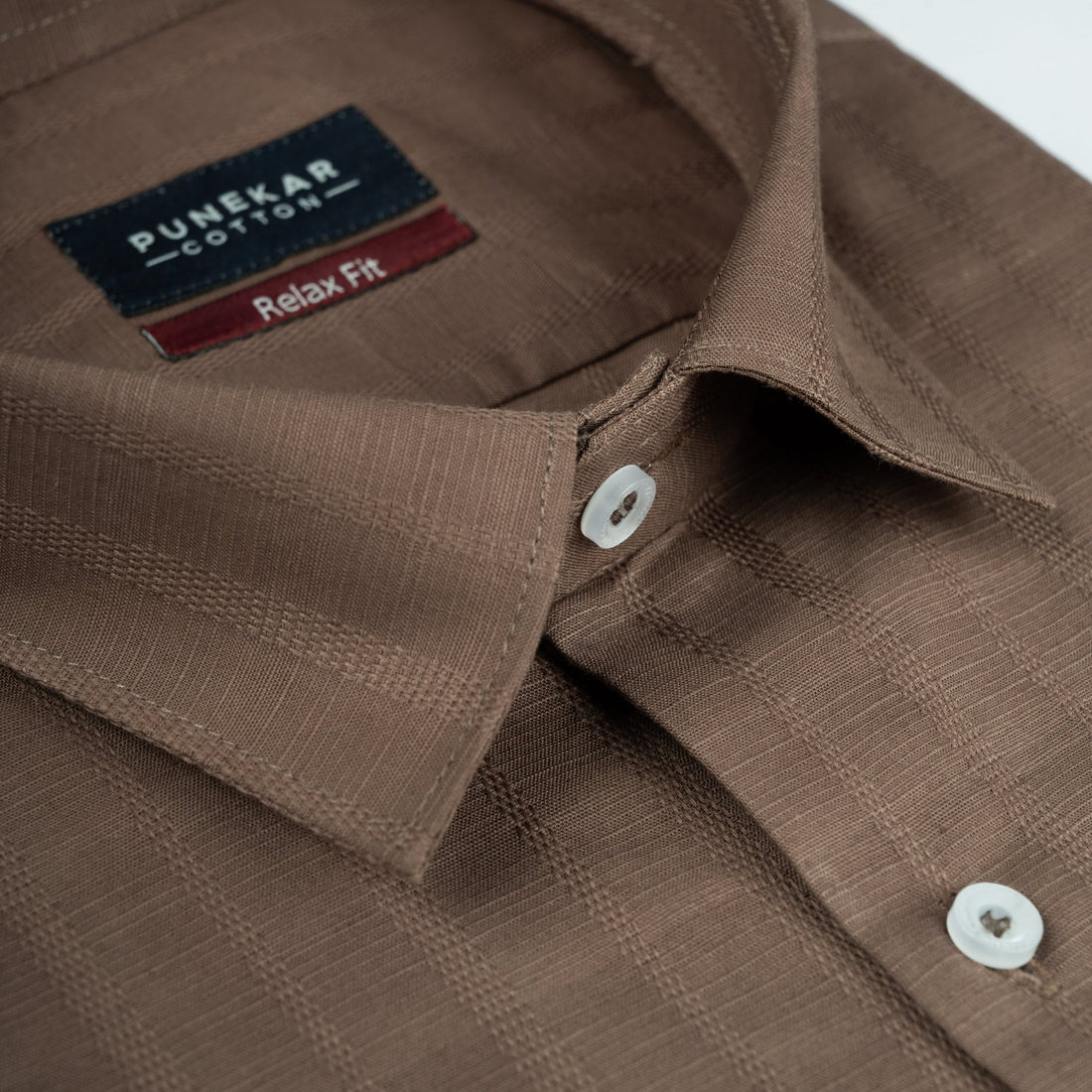 Mud Brown Vertical Stripe Textured Jacquard Shirt for Men - Punekar Cotton