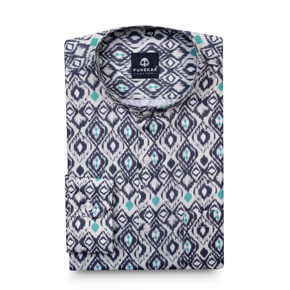White Green Color Stand Collar Printed Shirt For Men