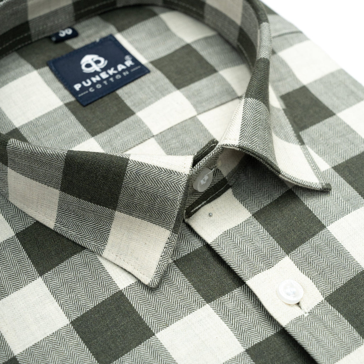 Olive Green Heritage Herringbone Checks Cotton Shirt for Men - Punekar Cotton