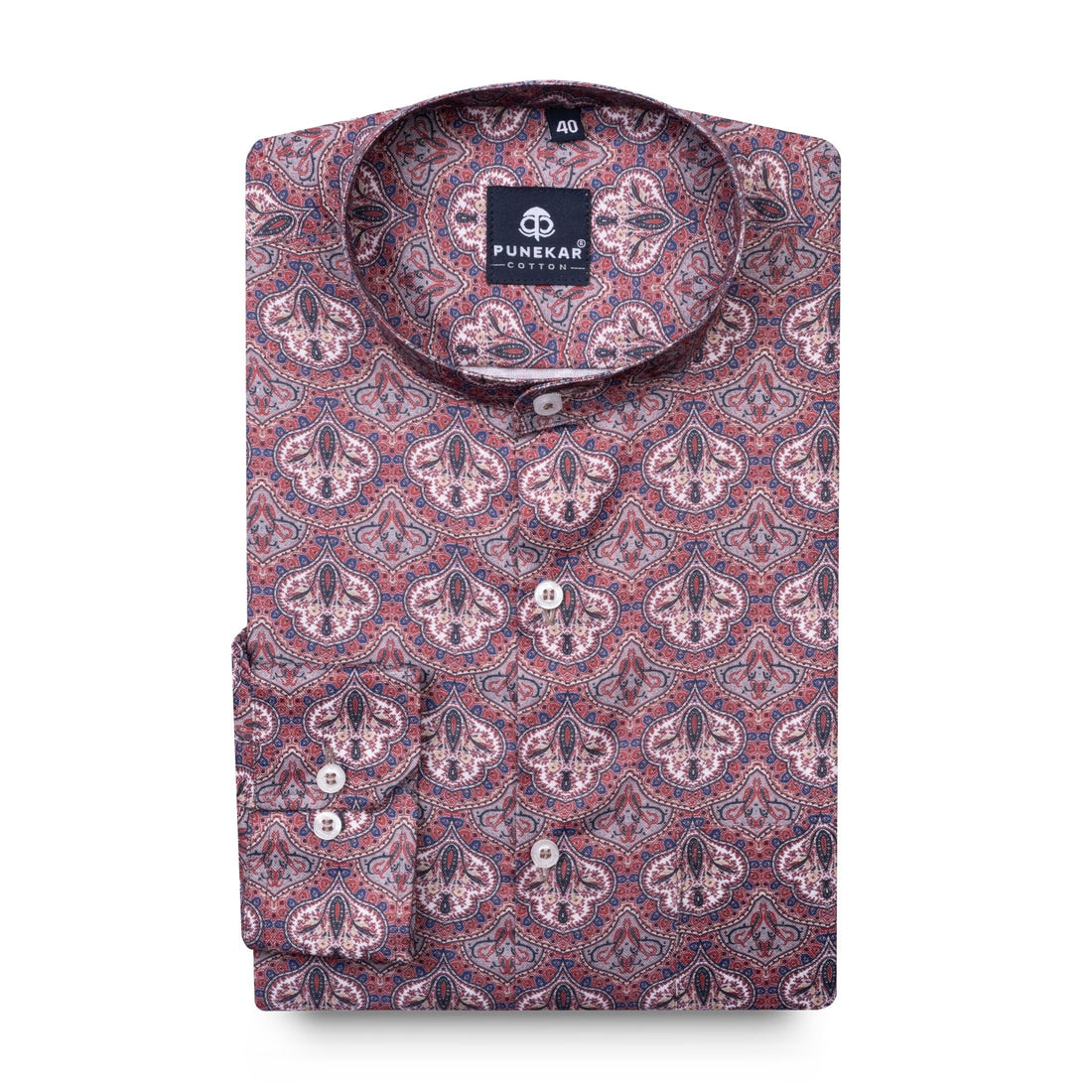 Rouge Color Moroccan Stand Collar Printed Shirt For Men - Punekar Cotton
