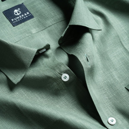 Sage Green Color 80s Lino Lyocell Shirt For Men - Punekar Cotton